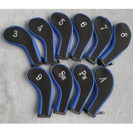 Golf Iron Headcovers Golf Club Head Cover Iron Wedge Head Protector with Zip and Embroidered Numbers (Black/Blue)