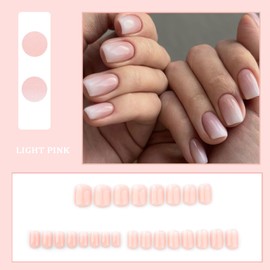 Pink False Nails, Press On Nails Square with Glue 24Pcs, Short Fake Nail - Ombre Pink White Stick On Nails - Easy Apply Removable False Nail For Women, Home DIY Art Daily Gift