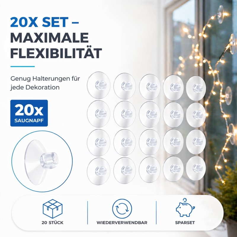 MERRYXMAS 20 x suction cups for fairy lights, suction hooks,