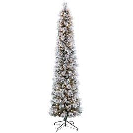 Puleo International 6.5 Foot Pre-Lit Flocked Portland Pine Pencil Artificial Christmas Tree with 300 LV Warm White LED Lights, Green