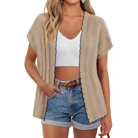 GRACE KARIN Womens Crochet Cardigan Boho Summer Short Sleeve Lightweight Open Front Sweater Beach Outwear Khaki XL