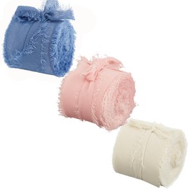 Tverghvad 1-1/2 inch Chiffon Ribbon, 21 Yards Fringed Sides Polyester Silk Ribbons for Wedding Flowers, Wreath, Gift Wrapping, Baby Shower, House Decor. (Blue/Pink/Cream)