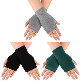 3 Pairs Fingerless Warm Gloves with Thumb Hole Cotton Half Fingerless Driving Gloves Knit Mittens for Men, Women, Black, Gray, Dark Green, Average
