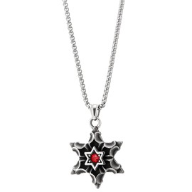 COOLSTEELANDBEYOND Women's Men's Stainless Steel Vintage Concave Star of David Pendant Necklace with Red Zirconia, 60 cm Wheat Chain, Stainless steel, metal, Cubic Zirconia