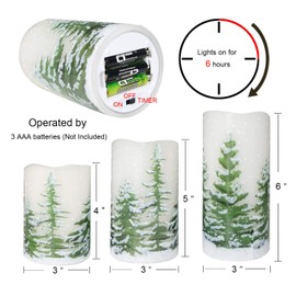 Wondise Flickering Flameless Pillar Candles with Timer, Battery Operated Real Wax Warm Light Christmas Tree Pine Tree Decal Candle for Home Decoration Christmas Gifts, Set of 3(D3 x H4/5/6 Inch)