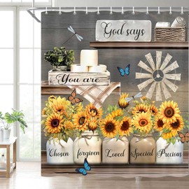 Farmhouse Rustic Sunflower Shower Curtains Inspirational Quotes, 72x72in