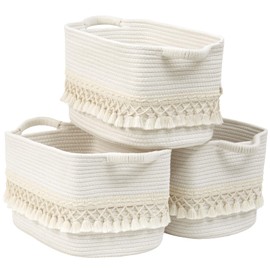 3 Pack Storage Basket for Shelves, Boho Cotton Rope Storage Bins with Heavy Tassel, Shelf Baskets Large Woven Baskets for Organizing, Cube Organizer Bins, Baby Laundry Basket for Clothes, Toys, Pets
