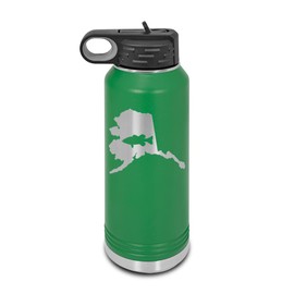 Alaska Bass Laser Engraved Water Bottle Customizable Polar Camel Stainless Steel with Straw - State Shaped Largemouth Sport Fishing Fish AK Green 32 oz