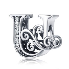 BISAER 925 Sterling Silver Initial Letter U Charms for Bracelets Alphabet Beads Charm Jewelry Gifts