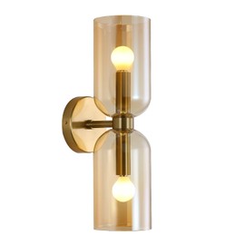 EFINEHOME Minimalist 2-Light Gold Wall Sconces with Cylinder Glass Shades- Mid Century Vanity Wall Double Lights Hardwired- Modern Indoor Glass Wall Mounted Art Decor Lights (Amber, 1 Pack)