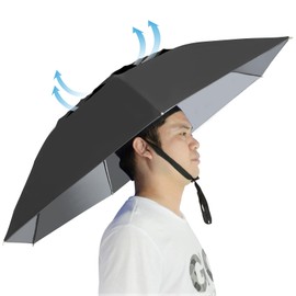 NEW-Vi Fishing Umbrella Hat Folding Adjustable Sun Rain Cap, 37.4”Oversize Hands Free Umbrellas, 7-Ribs Anti-UV Waterproof Headwear for Fishing Gardening Golf Sunshade Outdoor- Black