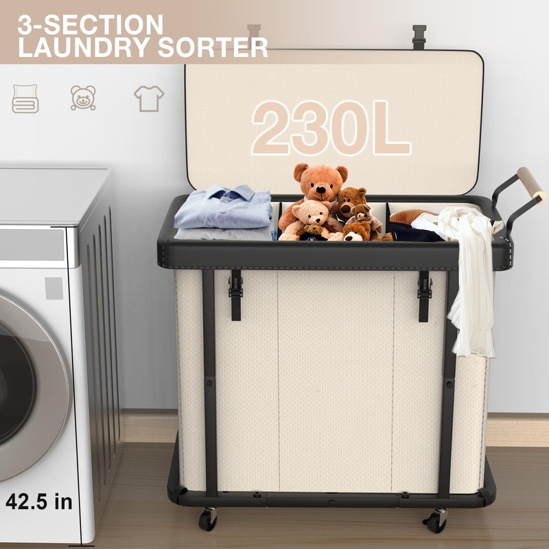 60 Gal (230L) Laundry Hamper 3 Section with Lid, Leather