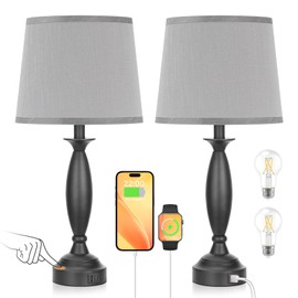 Grey Lamps for Bedrooms Set of 2 - Touch Control Bedside Lamp with USB C+A, 3 Way Dimmable Nightstand Lamps with USB Port, Table Lamp for Living Room(Grey Shade and Black Base)
