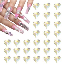 MECCANIXITY 50 Pcs 3D Heart Nail Charm Crystals Nail Gems 8x9mm Crooked Heart-Shape Art Rhinestone Charm for Valentine's Day DIY Decoration, Transparent Gold