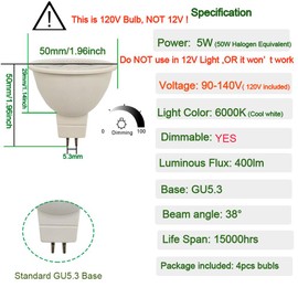 CIKAMIO mr16 led Bulb dimmable 120v 110V 5W 2700K Warm White Soft White Spot Light gu5.3 cob 50w Halogen Bulb replacment for mr16 Fixture Tracking Light (110-130V dimmable 2700K)