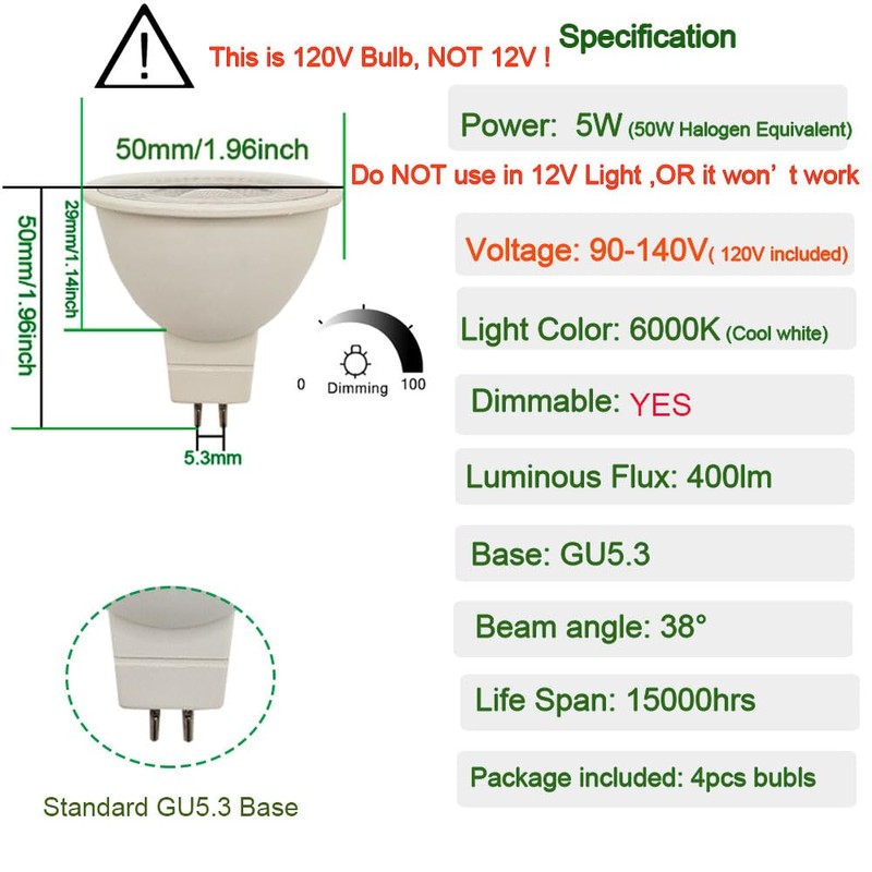 CIKAMIO mr16 led Bulb dimmable 120v 110V 5W 2700K Warm