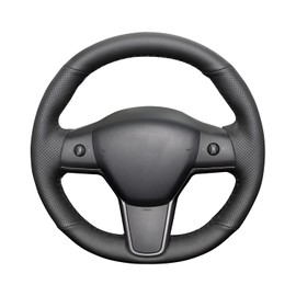 Belinous Leather Steering Wheel Cover Lace Up, Genuine Leather Hand Stitched Steering Wheel Wrap Compatible with 2017-2023 Model 3/2020-2023 Model Y (W/O Mark)