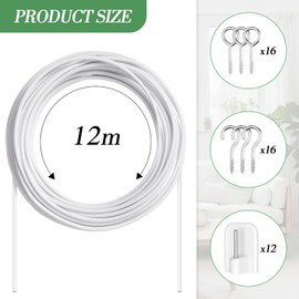 Shappy Curtain Wire with Self-Adhesive Hooks, Hooks and Eyes for Net Curtain Rod (12 Meters, 16 Pairs)