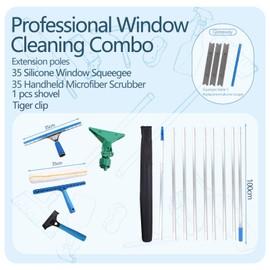 Telescopic Squeegee with Extension Pole (9x1m) 9m Glass Cleaning Tools with Silicon Squeegee 6 Pack Window Glass Cleaning Kit Microfiber Scrubber for Outdoor High Window (9MXC)