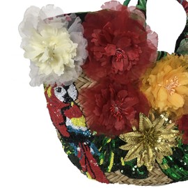 Alex Max Parrot Flowers Embellished Straw Basket Tote Beach Bag, Multicolor