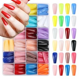 576Pcs Long Coffin Press on Nails Full Cover Color Fake Nails with Designs Glossy Summer False Nails 24 Solid Color Acrylic Stick on Nails Reusable Ballerina Glue on Nails for Women Girls Nail Art DIY