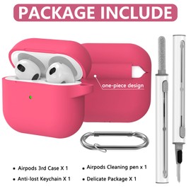 Ljusmicker AirPods 3rd Gen Case Cover, Rose Pink Silicone Protective Case with Cleaner Kit & Keychain, Shockproof Portable Electronic Device Cover for Women Men