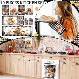 Fourluoo 10 Pcs Highland Cow Kitchen Dish Towels Rugs Oven Mitts and Pot Holders Set Farmhouse Kitchen Decor Set for Women Mom Daughter Gift Cooking Baking Grilling (Warm Color)