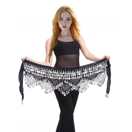 TRIMODI Women's Belly Dance Hip Scarves Performing Glittering Sequined Coins Velvet 320 Coins Belly Dance Belt (Black Silver)