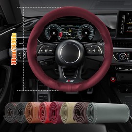 QZTYTY Genuine Leather Steering Wheel Cover, Stitch On Wrap, Hand Sewing Steering Wheel Cover with Needle Thread, Anti-Slip Car Steering Wheel Protector for Max Diameter 15 Inch (Wine red, Glossy)