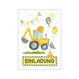 Minkocards 12 Invitation Cards for Children's Birthday Boys Construction Site Digger Motif Invitations for Birthday Children Colourful Birthday Invitations