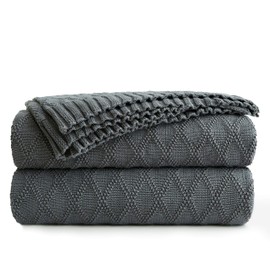 Longhui bedding Charcoal Grey Cotton Throw Blanket for Couch Sofa Bed - Home Decorative Soft Cozy Sweater Fall Cable Knit Blankets -Dark Gray 2.2 pounds 50 x 60 Inch