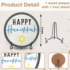 seclate Happy Hanukkah Sign - 8" Hanukkah Round Wood Decor with Iron Stand - Winter Holiday Gifts for Women Friends Coworker Teacher - Christmas Ornaments - D09