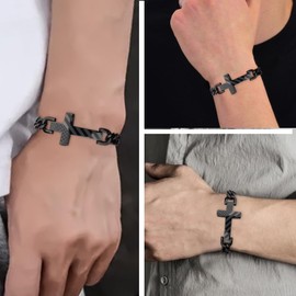 Saintda Engraved American Flag Bible Verse Cross Bracelet for Men, Black Stainless Steel Cuban Chain 13.5" Adjustable Christian Religious Jewelry Gift for Him Joshua 1:9