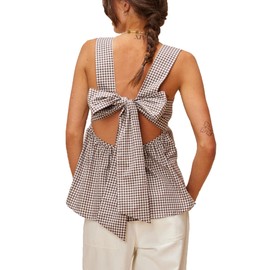 Amiblvowa Women Gingham Peplum Tank Square Neck Babydoll Tops Y2K Cute Bow Tie Back Sleeveless Vest Shirt Backless Summer Going Out Top (Brown, M)