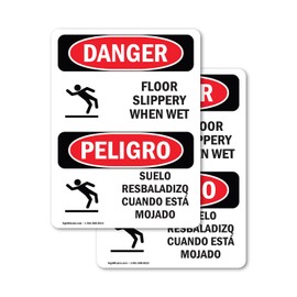 (2 Pack) Floor Slippery When Wet Bilingual OSHA Danger Sign 10 Inch X 14 Inch Vinyl Label Decal Sticker Weather Resistant, UV Protected for Workplace, Business, and Construction Site, Made in the USA