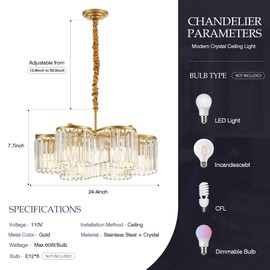 Salaiwei 24.4“ Gold Semi Flush Mount Ceiling Light Fixtures, 6-Light Gold Modern Crystal Chandelier Height Adjustable Pendant Lighting for Bedroom Entryway Hallway Kitchen Island Living Room Foyer