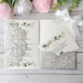 KUCHYNEE Silver Wedding Invitation Cards with 20 Pieces Laser Cut Lace Wedding Invitation Silk Ribbon Bow Set Including Envelopes (Silver Glitter)