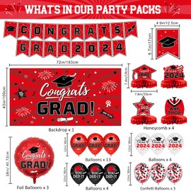 Red Themed Graduation Decorations Class of 2024 - Congrats Grad Banner & Backdrop, Graduation Hanging Swirl, Balloons, Honeycomb Centerpieces for High School & College Celebrations