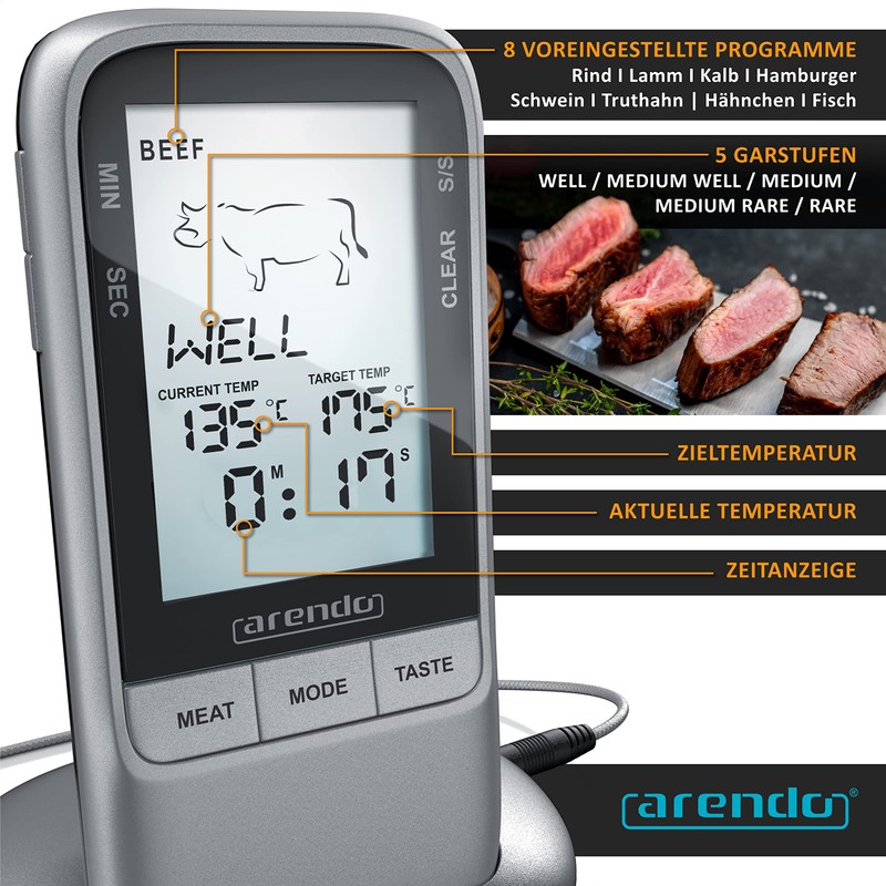 Arendo - Grill Thermometer Digital Wireless - Meat Thermometer with