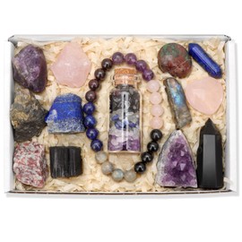 GolbalJew 14 Pcs Crystals and Healing Stones Set for Anxiety, with Bead Bracelet, Tumbled Crystals, Mini Crystals for Spell Jars, Raw Crystals, Natural Crystal Kit Gift for Beginners
