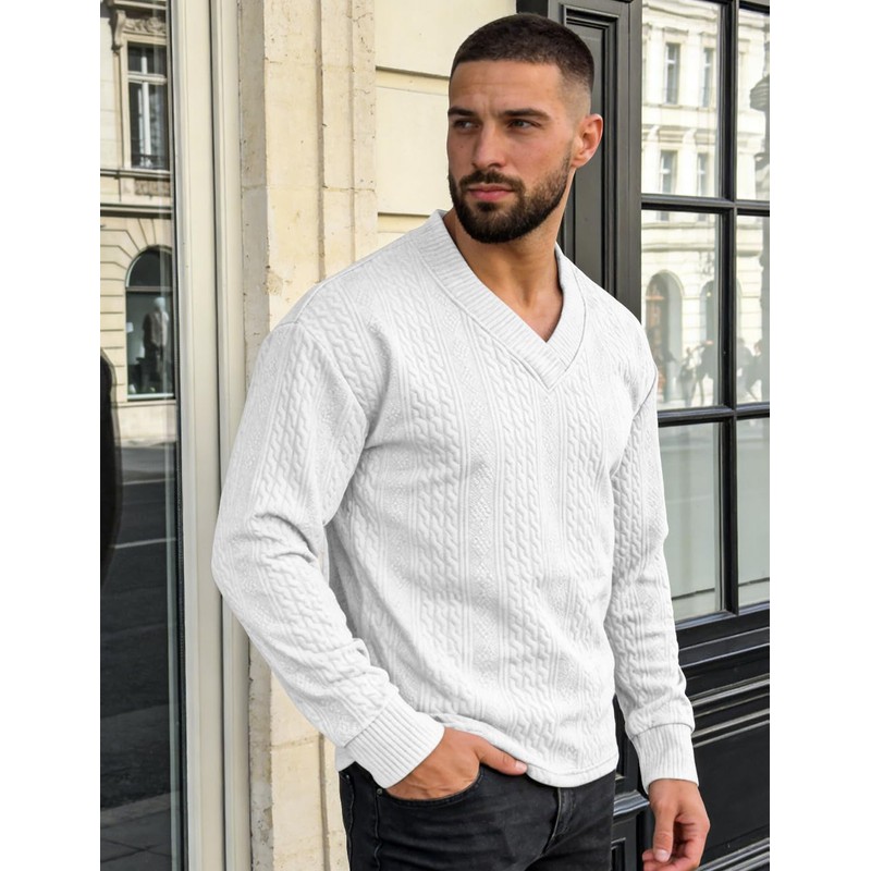 QOSOQ Mens Casual Sweaters Textured Pullover V Neck Sweater Pullover