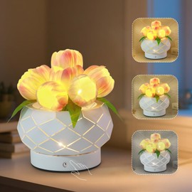 Tulip Flower Lamp, Rechargeable Tulip Lamp LED Artificial Flowers Night Light with Vase & 3 Color Temperature, Dimmable Touch Cordless Table Lamp, Unique Gift for Woman Mom Grandma (Pink)