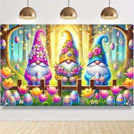 BlissYard Happy Easter Banner Cute Dwarf Outdoor Decoration Banner Easter Egg Tulip flower Background Shooting Banner 71x43 Inch Party Backdrop Banner Spring Party Decorations