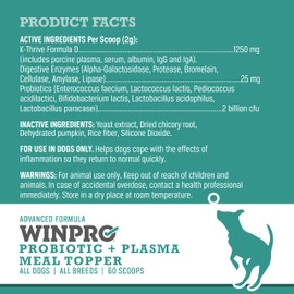 WINPRO Dog Probiotic Powder Meal Topper, Spray Dried Plasma with Prebiotics and Probiotics for Digestive Support and Gut Health for Dogs, All Breeds, Ages, and Sizes, 60 Scoops, Made in USA