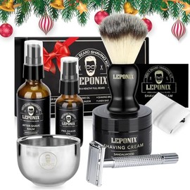 Kit de afeitado para hombres, incluye maquinilla de afeitar de seguridad, crema de afeitar de sándalo, aceite preafeitado, cepillo de afeitar, delanta