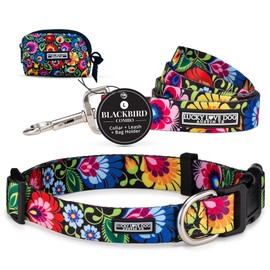 Lucky Love Dog Adjustable Collar, Leash & Waste Bag Holder Floral Set - Comfortable Collar, Easy Click Buckle, Strong & Durable Leash for Small to Large Dogs, Cute Poop Bag Holder - Blackbird, Large