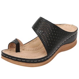 rismart Women's Slide Wedge Sandal Ring Toe Summer Hollow Flip Flops Bunion Corrector Slippers (Black,9)