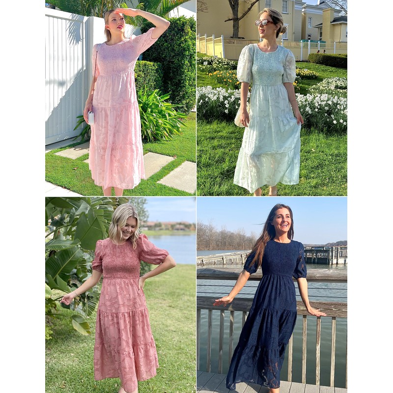 MEROKEETY Women's 2025 Summer Puff Sleeve Smocked Floral Dress Crewneck