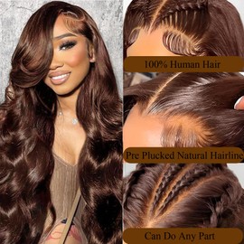 Geomone Chocolate Brown Lace Front Wig Human Hair 24 Inch 13x6 HD Lace Brown Wig Pre Plucked Baby Hair 4# Colored Frontal Wigs Human Hair 200 Density Brown Body Wave Lace Front Wigs