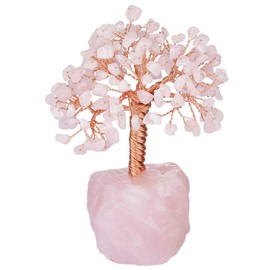 mookaitedecor 15 cm Rose Quartz Natural Crystal Money Tree with Polished Rose Quartz Base, Copper Wire Wrapped Fengshui Tree Figure Ornament for Office Home Decoration, Symbol of Wealth and Happiness